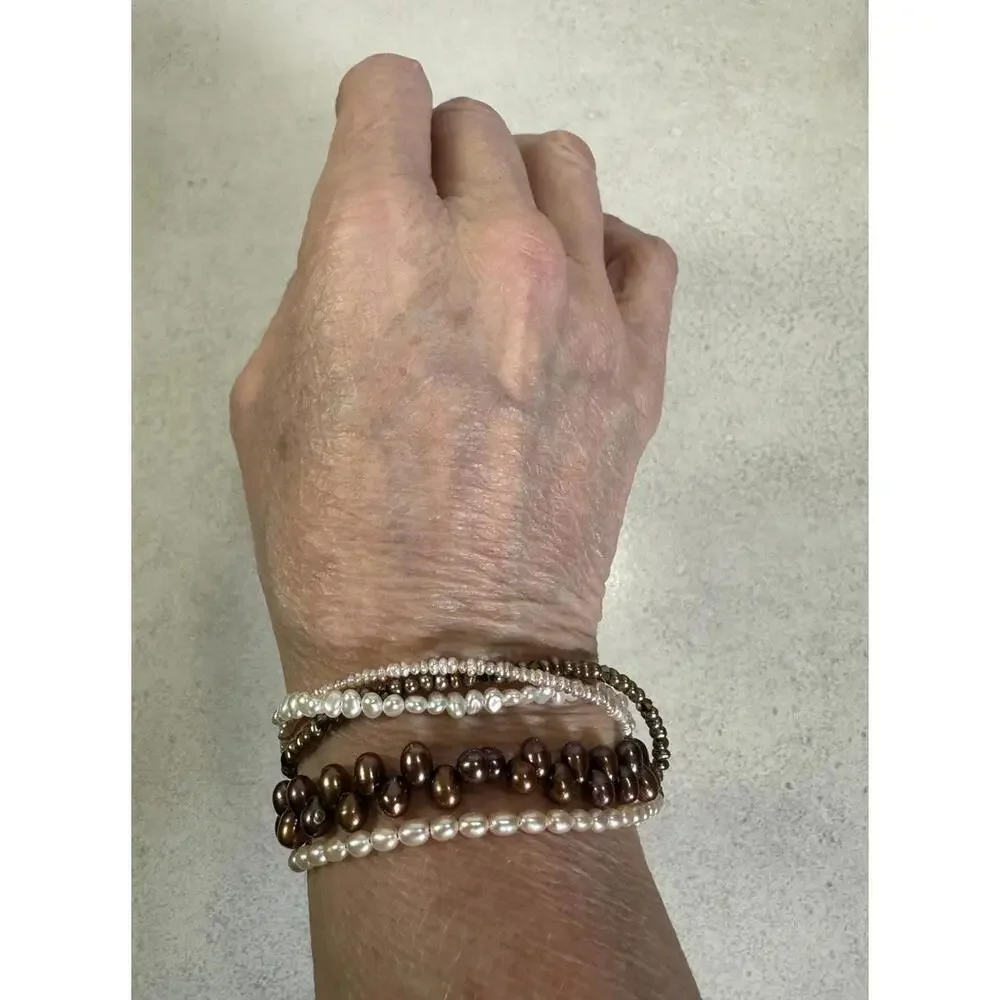 Multi Strand Freshwater Pearl Bracelet Sterling Toggle Brown Ivory